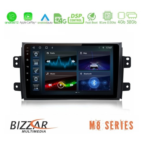 Bizzar M8 Series Suzuki SX4 2006-2014 Fiat Sedici 2006-2014 8core Android12 4+32GB Navigation Multimedia Tablet 9