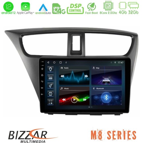 Bizzar M8 Series Honda Civic Hatchback 2012-2015 8core Android12 4+32GB Navigation Multimedia Tablet 9