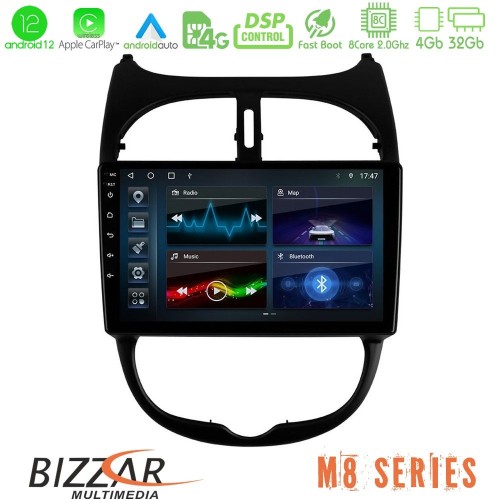 Bizzar M8 Series Peugeot 206 8core Android12 4+32GB Navigation Multimedia Tablet 9
