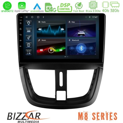 Bizzar M8 Series Peugeot 207 8core Android12 4+32GB Navigation Multimedia Tablet 9