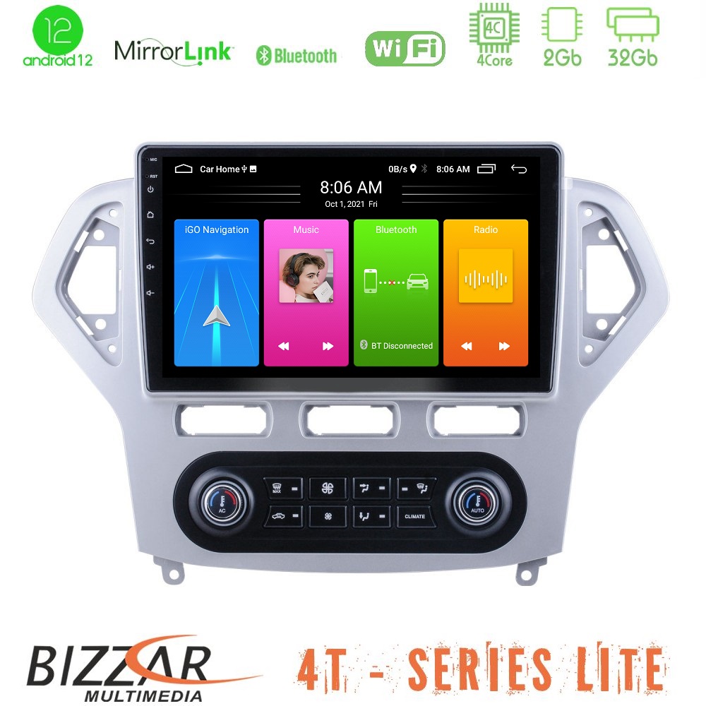 Bizzar 4T Series Ford Mondeo 2007-2011 (Auto A/C) 4Core Android12 2+32GB Navigation Multimedia Tablet 9