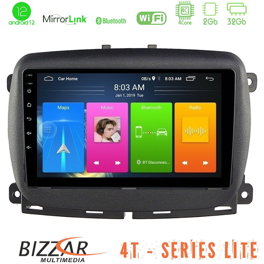Bizzar 4T Series Fiat 500 2016&gt; 4Core Android12 2+32GB Navigation Multimedia Tablet 9