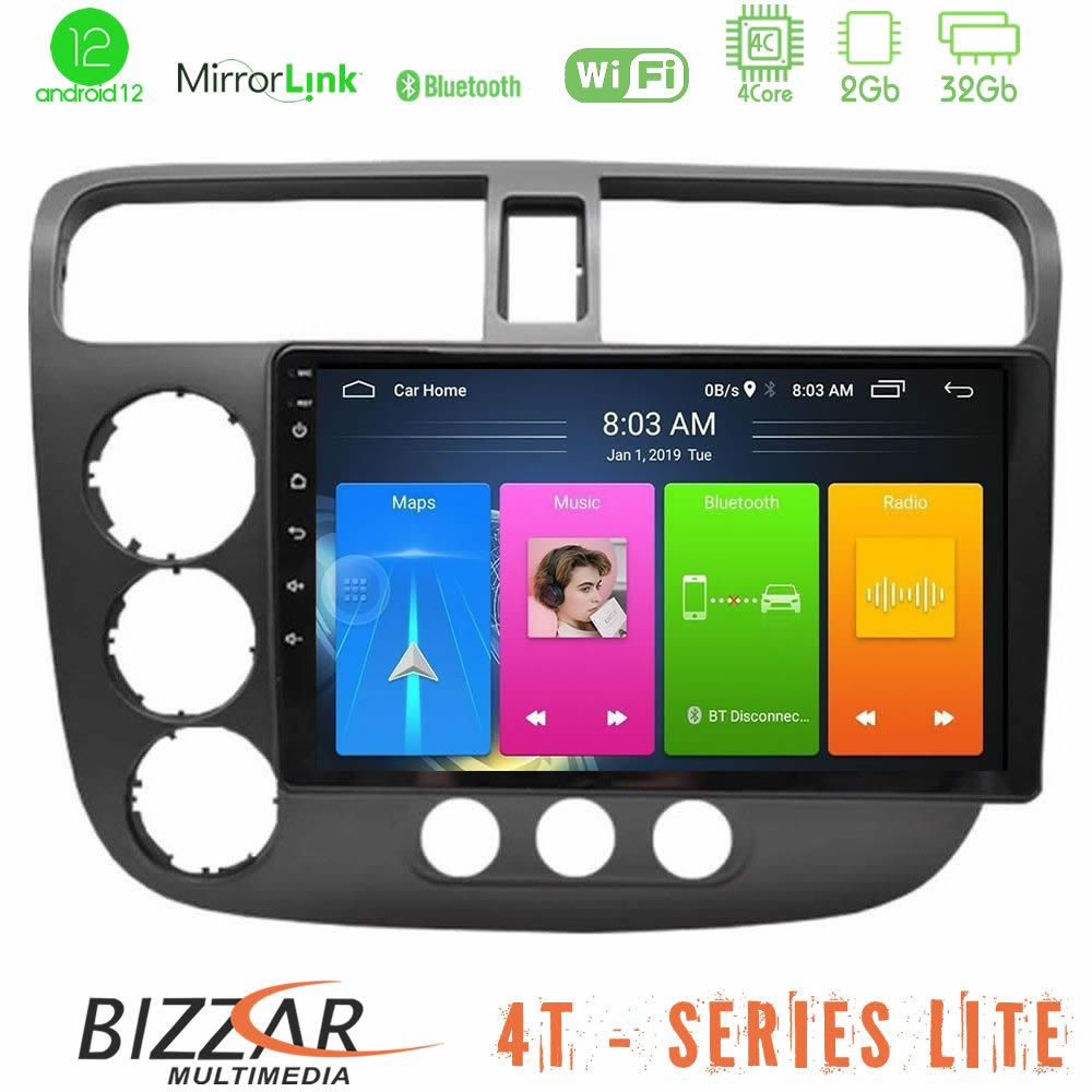 Bizzar 4T Series Honda Civic 2001-2005 4Core Android12 2+32GB Navigation Multimedia Tablet 9