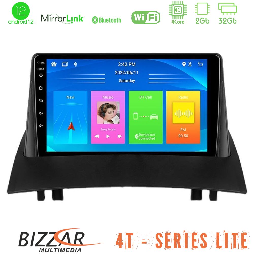 Bizzar 4T Series Renault Megane 2 2002-2008 4Core Android12 2+32GB Navigation Multimedia Tablet 9