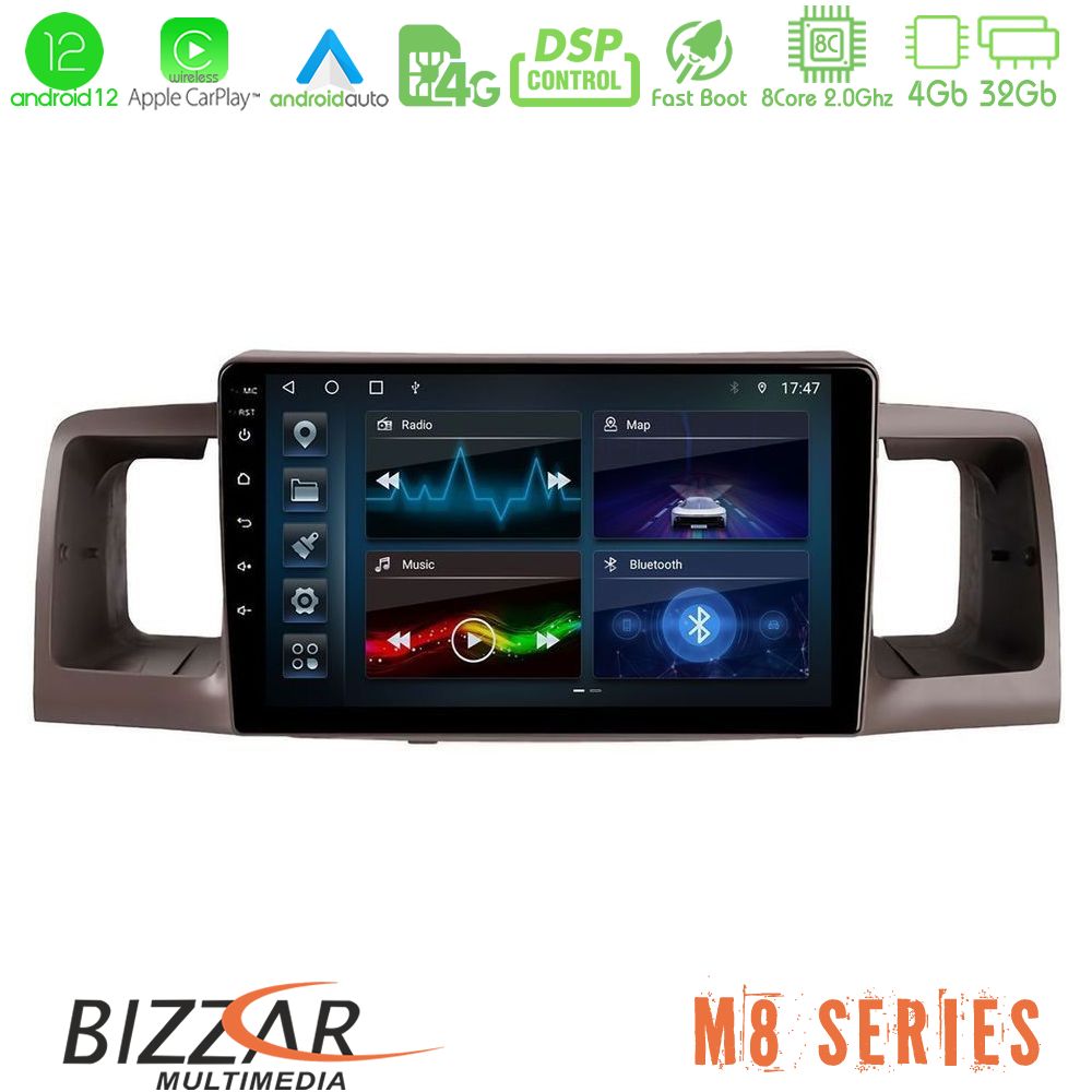 Bizzar M8 Series Toyota Corolla 2002-2006 4Core Android12 4+32GB Navigation Multimedia Tablet 9