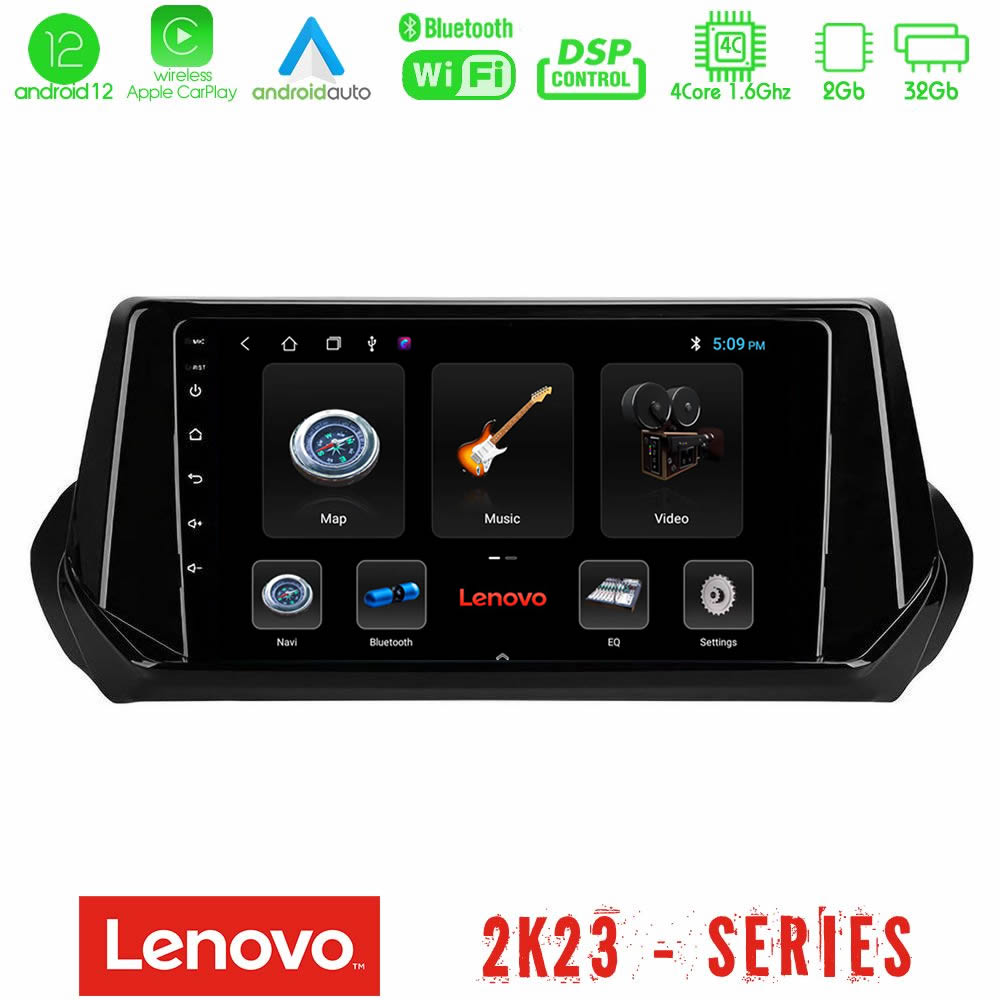 Lenovo Car Pad Peugeot 208 2019-2023 4Core Android12 2+32GB Navigation Multimedia Tablet 9