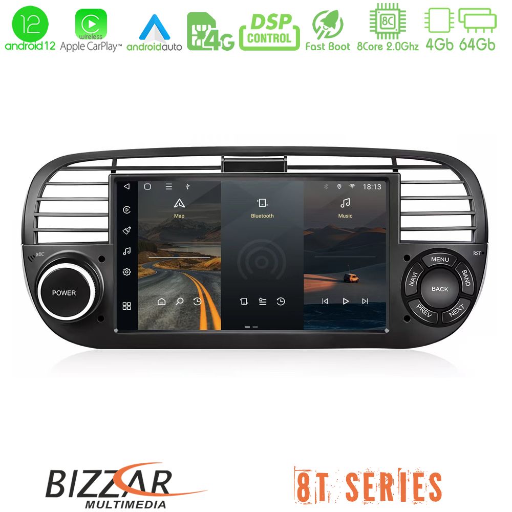 Bizzar OEM Fiat 500 2008-2015 8core Android12 4+64GB Navigation Multimedia Deckless 7