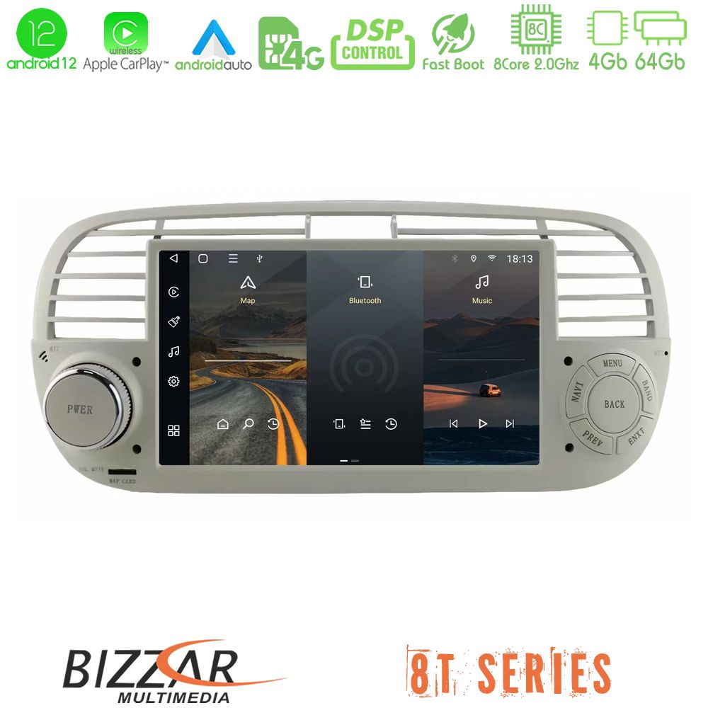 Bizzar OEM Fiat 500 2008-2015 8core Android12 4+64GB Navigation Multimedia Deckless 7