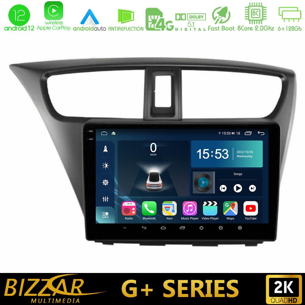 Bizzar G+ Series Honda Civic Hatchback 2012-2015 8core Android12 6+128GB Navigation Multimedia Tablet 9
