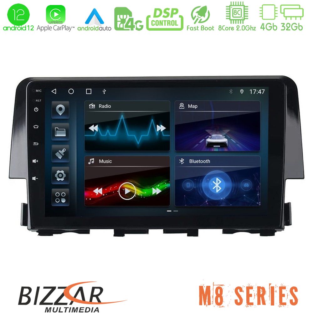 Bizzar M8 Series Honda Civic 2016-2020 8core Android12 4+32GB Navigation Multimedia 9