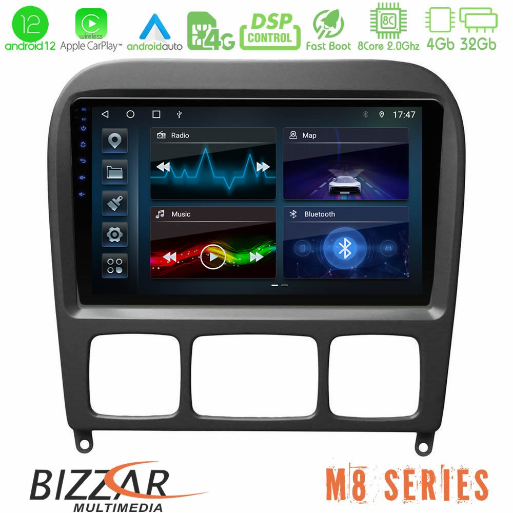 Bizzar M8 Series Mercedes S Class 1999-2004 (W220) 8Core Android12 4+32GB Navigation Multimedia Tablet 9″