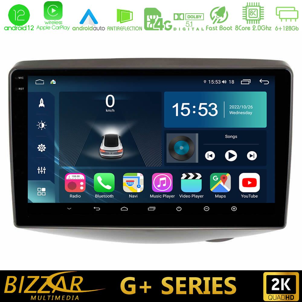 Bizzar G+ Series Toyota Yaris 1999 - 2006 8core Android12 6+128GB Navigation Multimedia Tablet 9